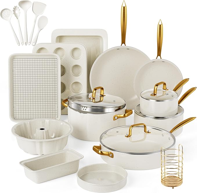 Pots and Pans Set Nonstick - Granite Cookware + Bakeware Set Kitchen Cookware Sets With Dutch Oven, Frying Pans, Saucepan, Sauté Pan, Silicone Utensils, Cookie Sheet, Baking Pan Set for Cooking Gifts by VONIKI