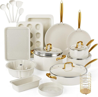 Pots and Pans Set Nonstick - Granite Cookware + Bakeware Set Kitchen Cookware Sets With Dutch Oven, Frying Pans, Saucepan, Sauté Pan, Silicone Utensils, Cookie Sheet, Baking Pan Set for Cooking Gifts by VONIKI