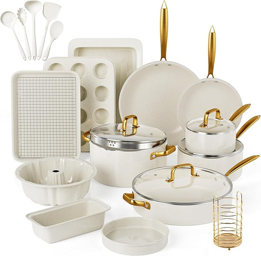 Pots and Pans Set Nonstick - Granite Cookware + Bakeware Set Kitchen Cookware Sets With Dutch Oven, Frying Pans, Saucepan, Sauté Pan, Silicone Utensils, Cookie Sheet, Baking Pan Set for Cooking Gifts by VONIKI