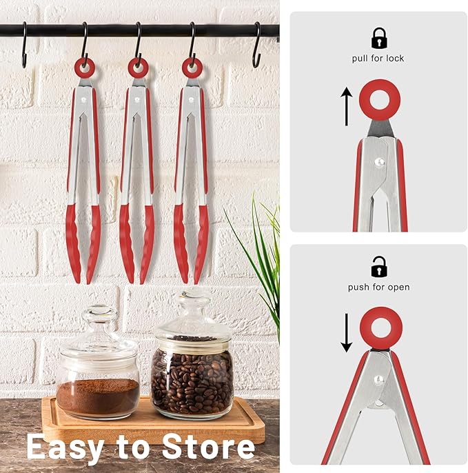 Hotec Mini Silicone Kitchen Tongs for Cooking - 7-Inch Small Serving Tongs with Silicone Tips, Set of 3 (Red) - Image 7