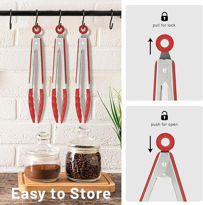 Hotec Mini Silicone Kitchen Tongs for Cooking - 7-Inch Small Serving Tongs with Silicone Tips, Set of 3 (Red) - Image 7