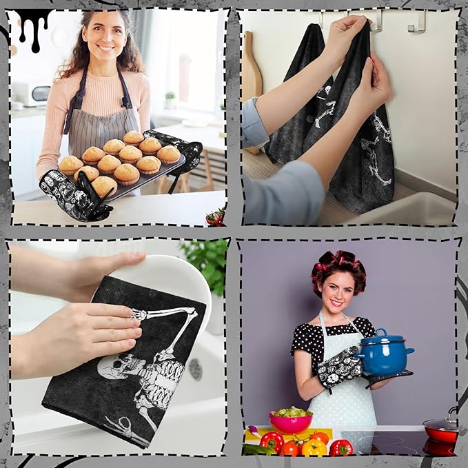 Leinuosen 6 Pcs Skull Kitchen Decor Set, Skull Kitchen Towels Gothic Oven Mitts and Pot Holders Skeleton Hand Dish Towels Horror Oven Mitts for Home Decor Party Gifts (Black,Cool) - Image 4
