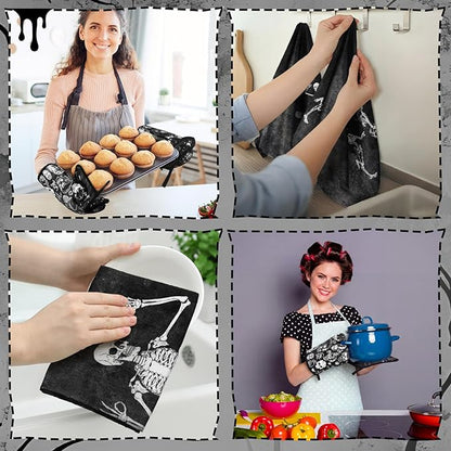 Leinuosen 6 Pcs Skull Kitchen Decor Set, Skull Kitchen Towels Gothic Oven Mitts and Pot Holders Skeleton Hand Dish Towels Horror Oven Mitts for Home Decor Party Gifts (Black,Cool) - Image 4
