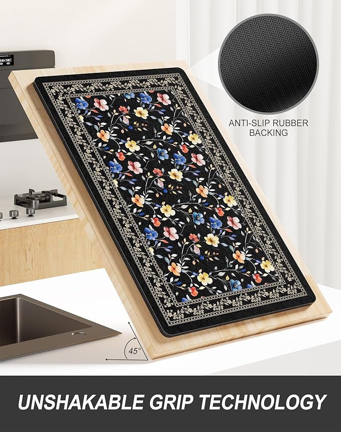 Rnivvi Dish Drying Mat for Kitchen Counter, 12 x 19" Cute Flower Theme Super Absorbent Draining Pad, Non-Slip Heat Resistant Coffee Bar Mat for Coffee Machine Station Accessories, Retro Dish Rack Pad - Image 5