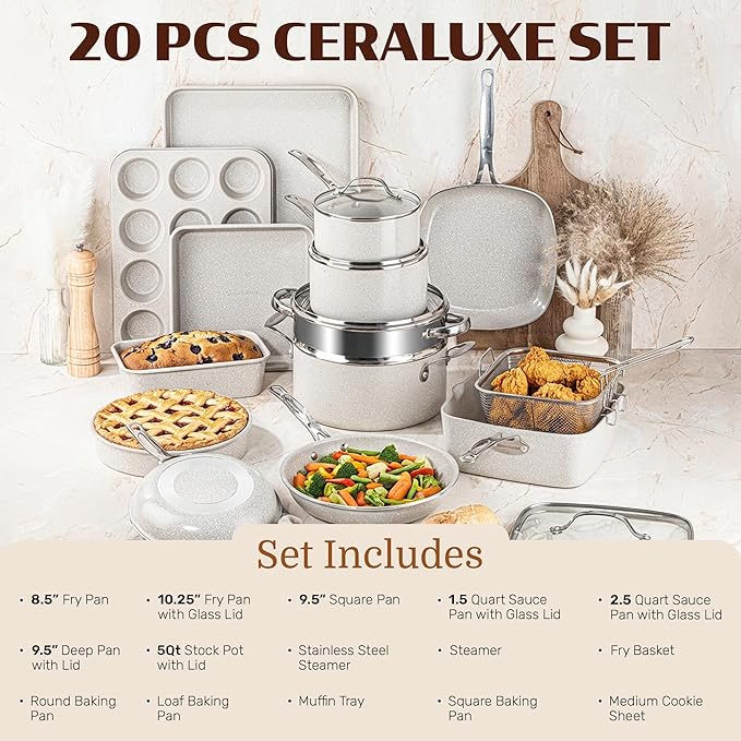 Granitestone Ceraluxe 20 Pc Ceramic Cookware Set Nonstick, Complete Pots and Pans Set Non Stick with 5 Pc Bakeware Set, Deep Frying Pan Set, & Steamer, Non Toxic PFOA Free, Oven & Dishwasher Safe - Image 2