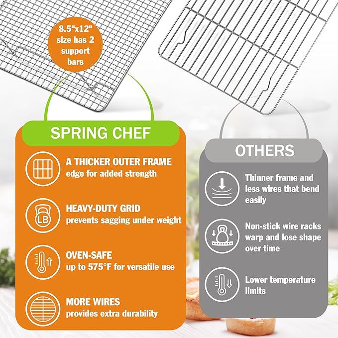 Spring Chef 8.5 x 12 Inch Stainless Steel Cooling Rack for Cooking and Baking - Oven Safe Cookie Cooling Rack - Fits Small Quarter Sheet Pan - Dishwasher Safe - Image 4