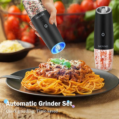 Gravity Electric Salt and Pepper Grinder Set, Battery Powered LED Light One Hand Automatic Operation, Adjustable Coarseness Mill Grinders Shakers Black (E. USB rechargeable -2P)