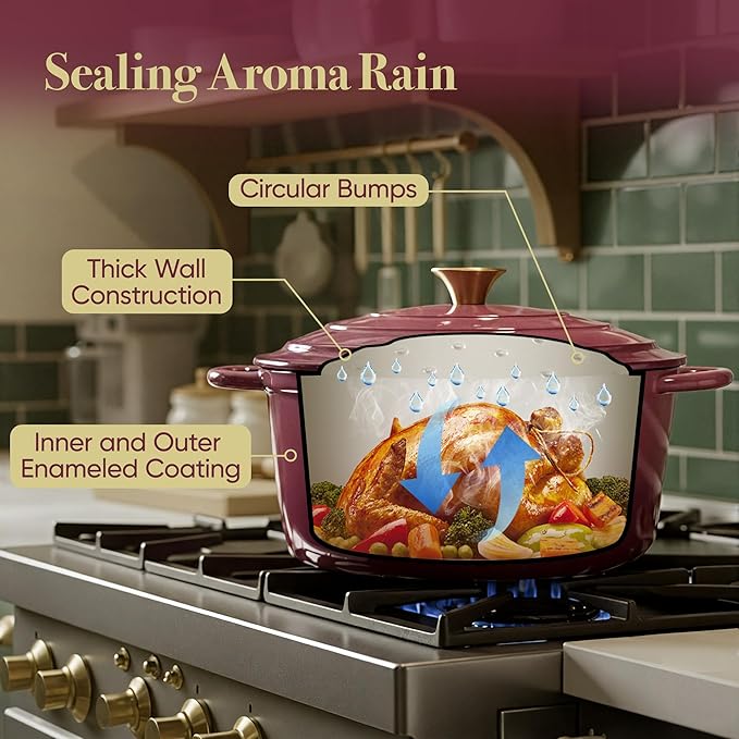 Vintage Style 6 Quart Dutch Oven Pot with Lid, Non Stick Enameled Cast Iron Dutch Oven for Bread Baking, Heavy-Duty, Oven Safe Ceramic Cookware Up to 500°F for Baking, Braising, Stews, Roasting, Rose - Image 7