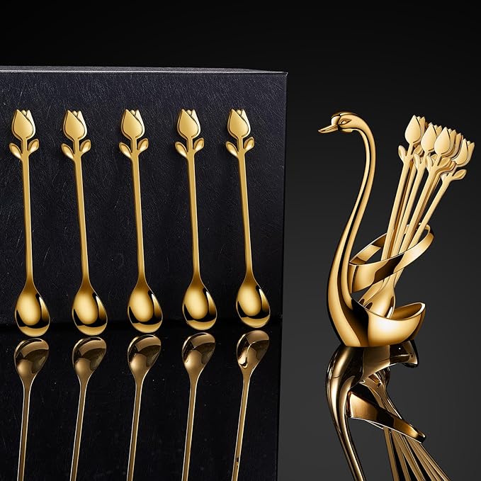 Gold Small Coffee Spoon Holder Set,Swan Base With 12 Pcs Demitasse Espresso Spoons Set,6" Mini Tulip/Rose Dessert Spoon,Stainless Steel Tea Spoons - Image 8