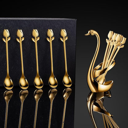 Gold Small Coffee Spoon Holder Set,Swan Base With 12 Pcs Demitasse Espresso Spoons Set,6" Mini Tulip/Rose Dessert Spoon,Stainless Steel Tea Spoons - Image 8