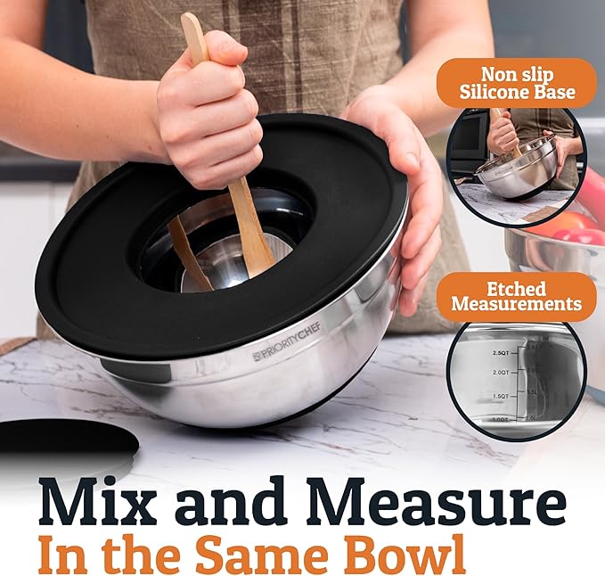 Priority Chef 6Pc Large Mixing Bowls With Lids Set with Non-Slip Bases, Stainless Steel Mixing Bowl Set, 6 Airtight Lids and 3 Graters, Black - Image 3