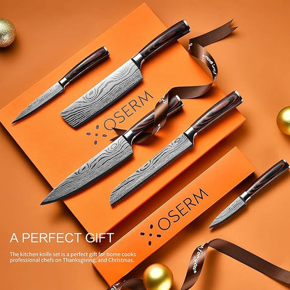 Knife Set | Gift-Ready 6-Piece (5+1) Japanese Style Kitchen Knife Set — Burgundy Gift Box with An Additional 8" Chef Knife — Ideal Christmas, Wedding & Household Gift