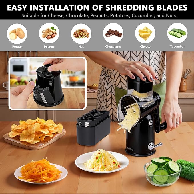 5-in-1 Rotary Cheese Grater Vegetable Slicer with Handle - Upgraded Hand Crank Cheese Grater with Handle and Strong Suction Base, Multi-Purpose Slicer with 5 Blades (Black) - Image 6