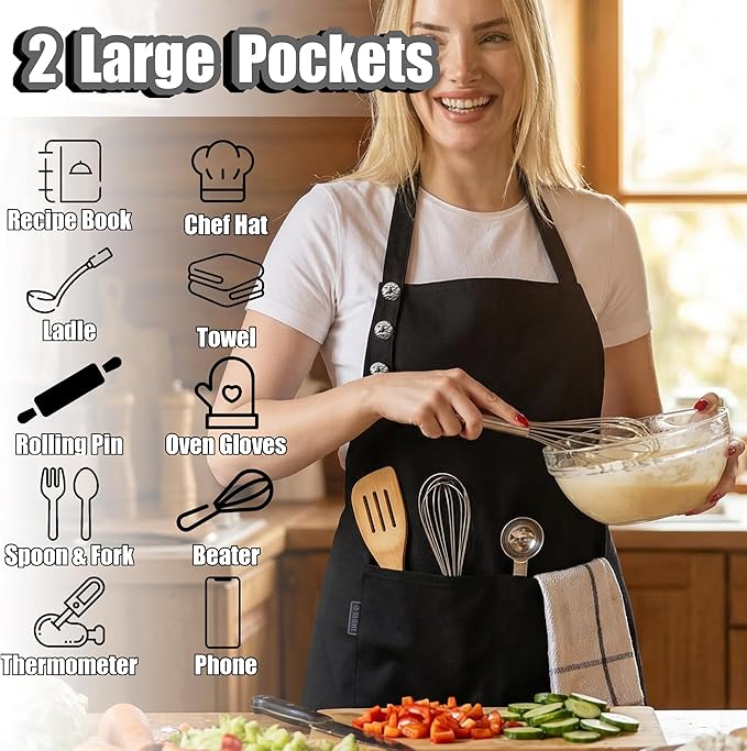 TOSHE Kitchen Apron Waterdrop Resistant Cotton Apron with adjustable Aprons for Women with Pockets Cooking Apron (2 Pack - Black) - Image 2