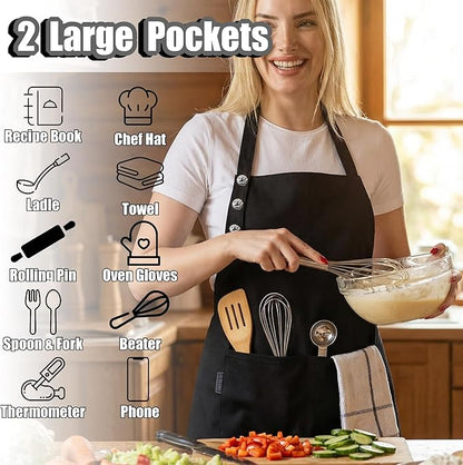 TOSHE Kitchen Apron Waterdrop Resistant Cotton Apron with adjustable Aprons for Women with Pockets Cooking Apron (2 Pack - Black) - Image 2