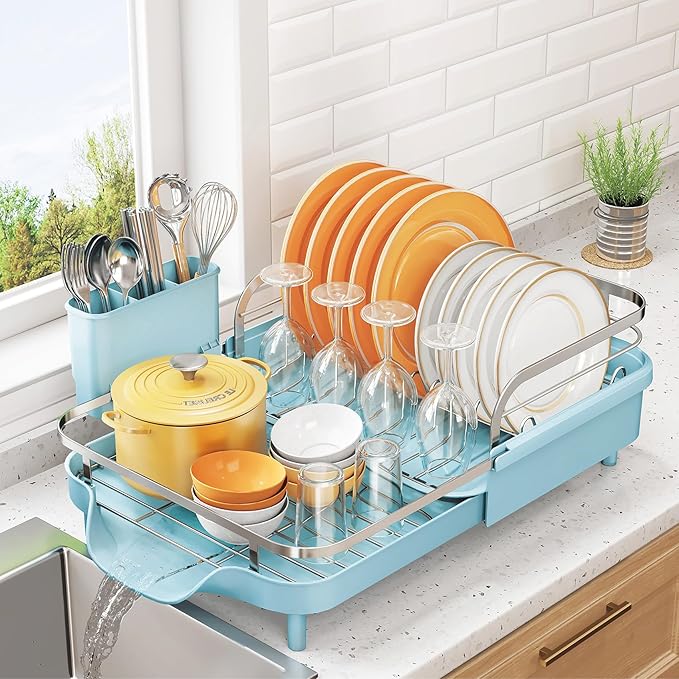SNTD Dish Drying Rack, Expandable Dish Rack for Kitchen Counter, Stainless Steel Dish Drainer with Drainboard Set and Utensil Holder (Blue) by SNTD