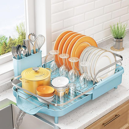 SNTD Dish Drying Rack, Expandable Dish Rack for Kitchen Counter, Stainless Steel Dish Drainer with Drainboard Set and Utensil Holder (Blue) by SNTD