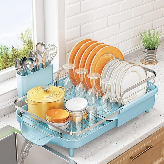 SNTD Dish Drying Rack, Expandable Dish Rack for Kitchen Counter, Stainless Steel Dish Drainer with Drainboard Set and Utensil Holder (Blue) by SNTD