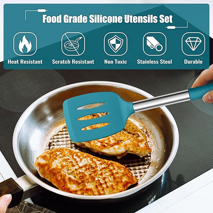 E-far 14 Pieces Silicone Cooking Utensils Set, Kitchen Utensils Set with Holder, Spatula, Ladle, Spoon, Tong, Slotted Turner for Nonstick Cookware, 446°F Heat Resistant & Stainless Steel Handle, Blue - Image 3