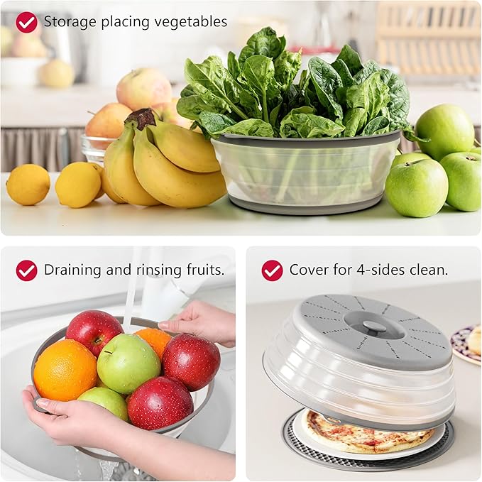 WVM Microwave Splatter Cover & Mat, Vented Collapsible Splatter Guard dish Plate lid & Silicone Round Kitchen Mat for Food, Meal Prep, Grey - Image 5