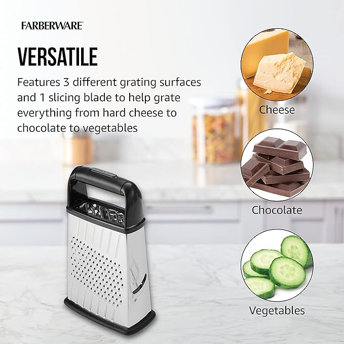 Farberware Professional 4-Sided Slim Stainless Steel Heavy Duty Kitchen Box Grater with Detachable Clear Storage Container, Perfect for Parmesan Cheese, Vegetables, Ginger, with Lemon Zester - Image 7