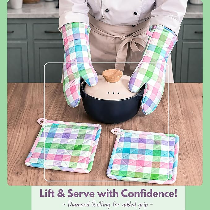 Native Fab 4 Piece Set - Gingham Check 2 Oven Mitts & 2 Potholders, Heat Resistant, 100% Cotton, Quilted Design, Non-Slip Grip, Ideal for Baking, Cooking, BBQ, Kitchen Protection, Multicolor - Image 2