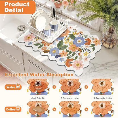 LOKHOM Scalloped Floral Dish Drying Mat, 18"x24" Super Absorbent Coffee Mat with Unique Spring Wildflowers, Cuttable Hide Stain Non-slip Drying Mat for Kitchen Counter Coffee Maker Espresso Machine - Image 3
