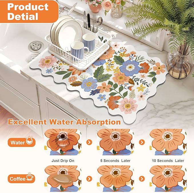 LOKHOM Scalloped Floral Dish Drying Mat, 12"x20" Super Absorbent Coffee Mat with Unique Spring Wildflowers, Cuttable Hide Stain Non-slip Drying Mat for Kitchen Counter Coffee Maker Espresso Machine - Image 3