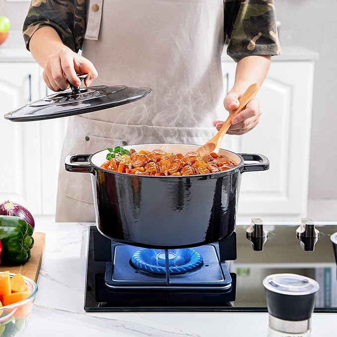 Velaze 6 QT Enameled Cast Iron Dutch Oven, Dual Handles Dutch Oven Pot with Lid,Heavy-Duty Non-stick Round Dutch Oven for Bread Baking, Stewing, Roasting, Good Sealing for All Heat Source (BLACK) - Image 8