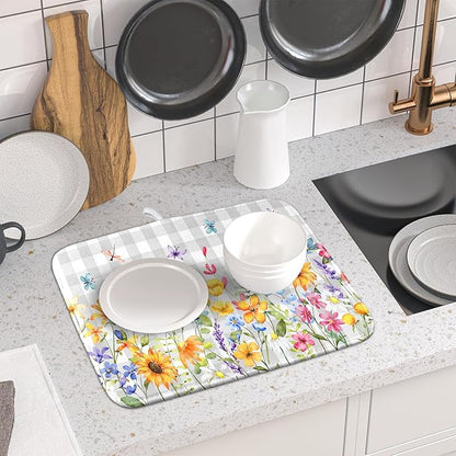 Giwawa Spring Floral Dish Drying Mat, Summer Flower Grey Buffalo Plaids Dish Drainer Mats, Wildflower Butterfly Check Reversible Drying Rack Pad Protector for Kitchen Countertop Decor, 16"x18"