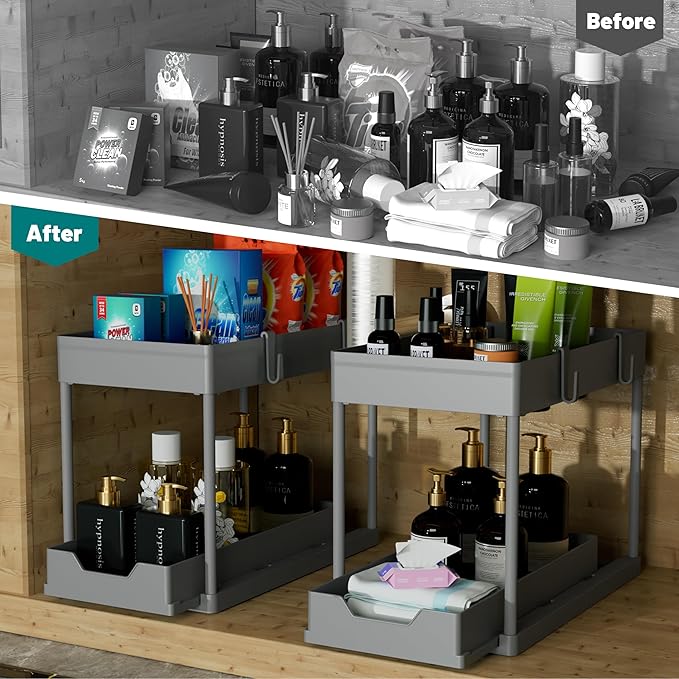 DEKAVA Under Sink Organizer 2 Pack，Bathroom Cabinet Organizer，2 Tier Sliding Cabinet Basket Organizer Drawer, Multi-Purpose Bath Collection Baskets for Bathroom (Grey) - Image 3