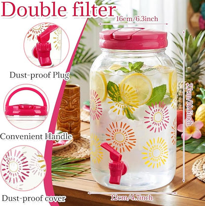 Havawish 2 Pcs 1 Gallon Plastic Beverage Dispenser with Spigot Clear Summer Kitchen Fridge Drink Dispenser for Parties Lemonade Juice Tea Beer Cold Water (Hot Pink,Sun)