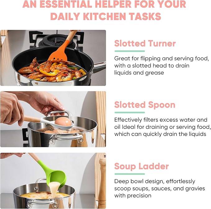 Herogo 5-Piece Cooking Utensils Set, Silicone Kitchen Utensils Set with Wooden Handle, Heat Resistant Cooking Tools Slotted Turner, Spoon, Soup Ladle, Spatula, Spoonula for Nonstick Cookware, Colorful - Image 4