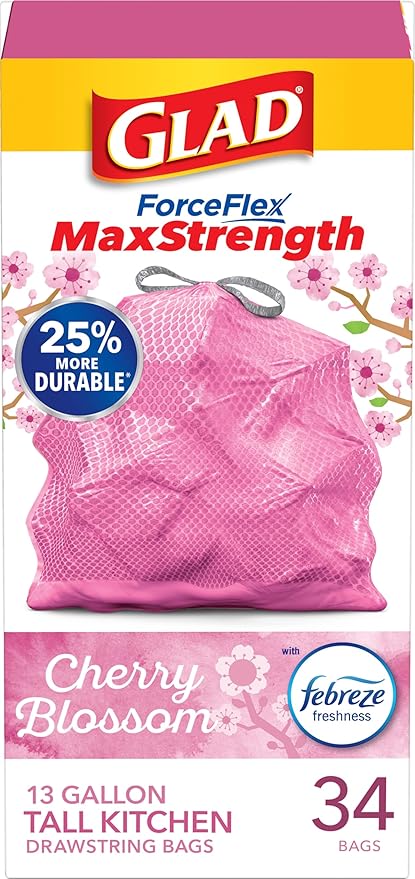 Glad Tall Kitchen Trash Bags 13 Gallon, MaxStrength Cherry Blossom Garbage Bags, Odorshield with Drawstring, 34 Count by GladTrashFoodStorage