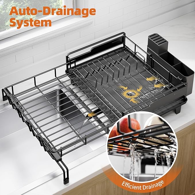 Urackify Dish Drying Rack - Extendable Dish Drainer, Large Dish Rack for Kitchen Counter, Rustproof Dish Strainer with Utensil Holder and Cups Holder, 1 Tier Black - Image 5