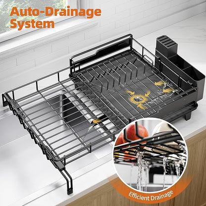 Urackify Dish Drying Rack - Extendable Dish Drainer, Large Dish Rack for Kitchen Counter, Rustproof Dish Strainer with Utensil Holder and Cups Holder, 1 Tier Black - Image 5