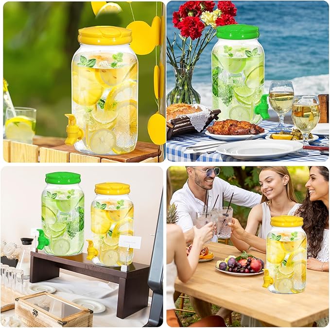 Uiifan 4 Pcs 1 Gallon Plastic Drink Dispenser for Parties Clear Plastic Beverage Dispenser Water jar with Spigot and Carrying Lid for Weddings Lemonade Juice Water Tea Beer, Yellow and Green