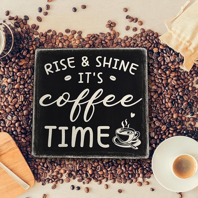 Farmhouse Coffee Bar Sign, Rise & Shine It's Coffee Time Desk Wooden Sign, 5.9"x5.9" Wood Plaque with Stand Gift for Home Kitchen Tabletop Decor,Cafe Bar Decor(Black) - Image 4