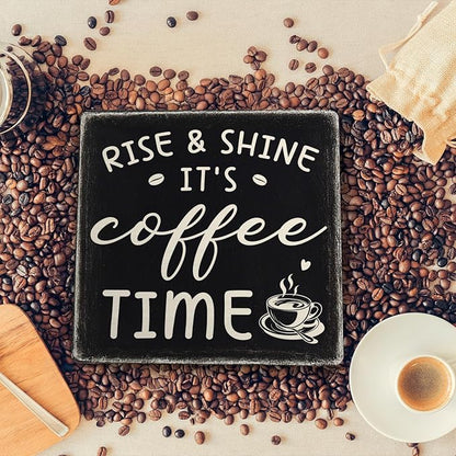 Farmhouse Coffee Bar Sign, Rise & Shine It's Coffee Time Desk Wooden Sign, 5.9"x5.9" Wood Plaque with Stand Gift for Home Kitchen Tabletop Decor,Cafe Bar Decor(Black) - Image 4