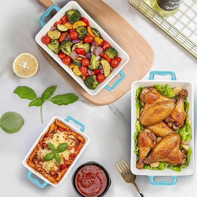 Hacaroa Set of 3 Ceramic Baking Dishes, Rectangular Bakeware with Handles, Elegant Casserole Dish Set Lasagna Pan for Baking, Cooking, Cake Dinner, Banquet, Lake Blue, 3 Sizes - Image 9