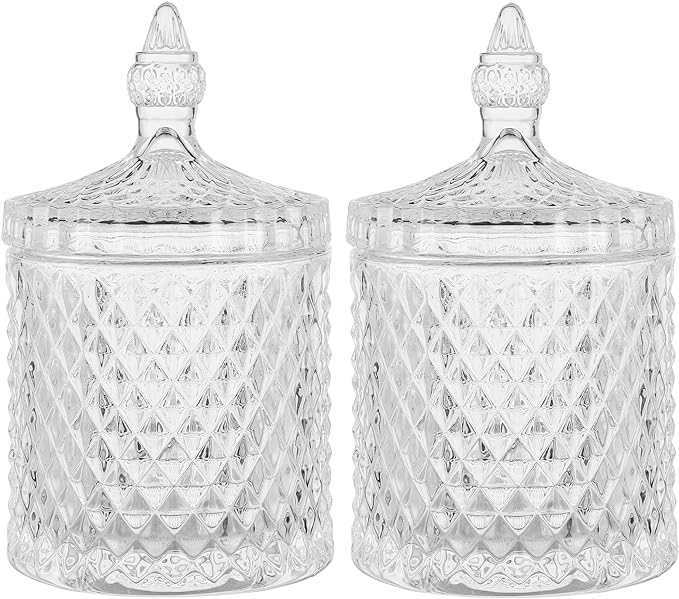 rejomiik Qtip Holder Glass Apothecary Jars with Lid Bathroom Accessories Vanity Organizers and Makeup Storage for Cotton Swabs, Makeup Sponges, Candy, Jewelry, 2 Pack Large Clear