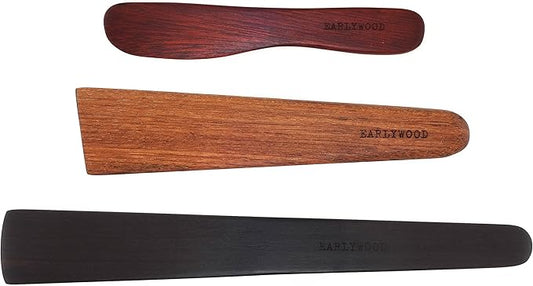 3-Piece Wooden Kitchen Cooking Utensil Set - Comes w/a Thin Wood Spatula Flipper, Cast Iron Scraper, Stirrer and Butter Turner/Cheese Spreader - Wooden Utensils Set - Made in USA-EJB