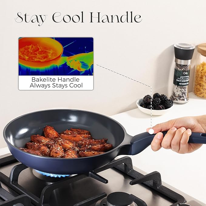 PRICUSIS Nonstick Frying Pan, 8/10/12 Inch Skillet with Stay Cool Handle, Fully Coated, Induction Compatible & Oven Safe, 100% Dishwasher Safe, PTFE PFAS & PFOA Free（10 Inch, Blueberry Mist）