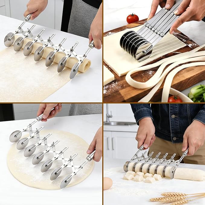 Juome 7 Wheel Pastry Cutter with Handle, Multi-Round Wheel Pasta Dough Cutter Roller Stainless Steel Pizza Slicer Accordion Pastry Knife Divider Tool - Image 7