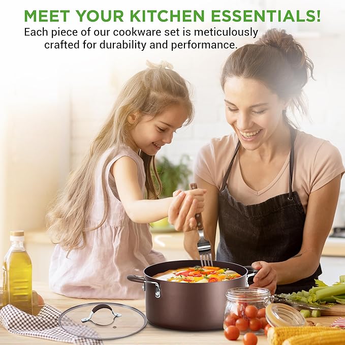 NutriChef 14-Piece Nonstick Brown Cookware Set - Scratch-Resistant Kitchen Pots and Pans with Lids & Utensils, For All Cooktops - NCCW14SBR - Image 7