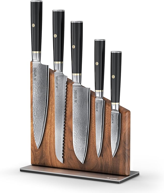 Yatoshi Knives Magnetic Kitchen Knife Block Set - Japanese 67 Layer High-Grade VG-10 Steel Knives, Sharp, G10 Handle Professional Kitchen Knife Set - Black Damascus (6 pieces) by YatoshiKnives