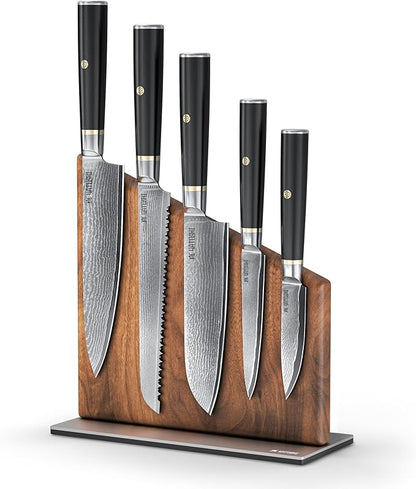 Yatoshi Knives Magnetic Kitchen Knife Block Set - Japanese 67 Layer High-Grade VG-10 Steel Knives, Sharp, G10 Handle Professional Kitchen Knife Set - Black Damascus (6 pieces) by YatoshiKnives