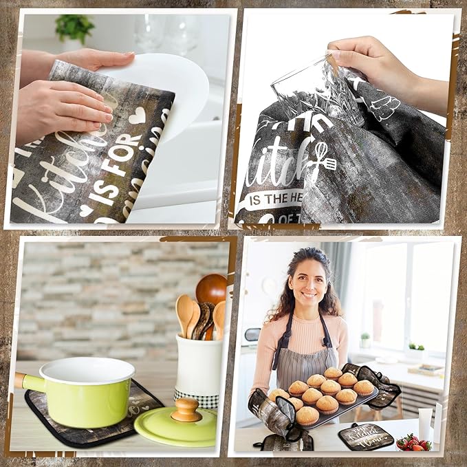Fourluoo 10 Pcs Farmhouse Kitchen Decor and Accessories Set 4 Kitchen Towels 2 Pot Holders 2 Oven Mitts 2 Rugs for Cooking Baking Mom Housewarming Gifts(Brown Gray,Classic Style) - Image 4
