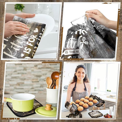 Fourluoo 10 Pcs Farmhouse Kitchen Decor and Accessories Set 4 Kitchen Towels 2 Pot Holders 2 Oven Mitts 2 Rugs for Cooking Baking Mom Housewarming Gifts(Brown Gray,Classic Style) - Image 4