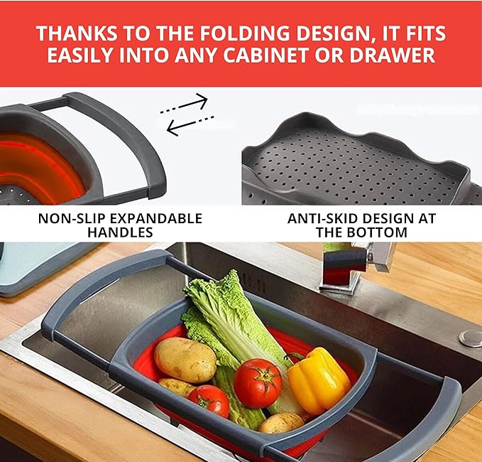 Set of 3 Red Food Strainer for Kitchen - Silicone Sieve Small Foldable Colander for Pasta and Spaghetti Multifunctional Silicone Collapsible Strainer for Camping - Image 6